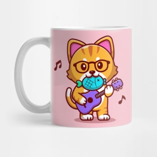 Cute Cat Playing Guitar With Fish Cartoon Mug